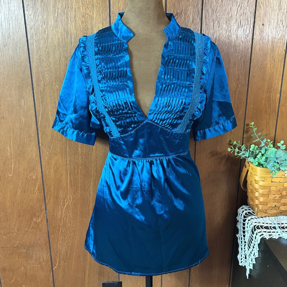 Vintage‎ Forever 21 Teal Y2K Pleated Ruched V Neck Short Sleeve Top Babydoll